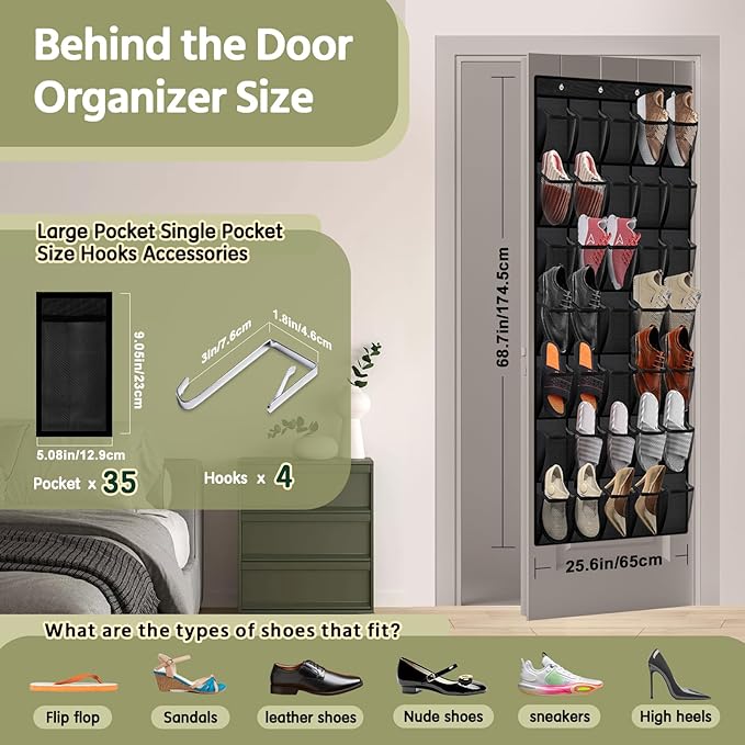 PAULONE 35 Pocket Over the Door Shoe Organizer,Reusable Breathable Large Mesh Bag Men's & Women's Sneaker Organizer,Shoe Organizer for Kids,Hanging Shoe Storage Hanging Bag (Black)-NeatNest