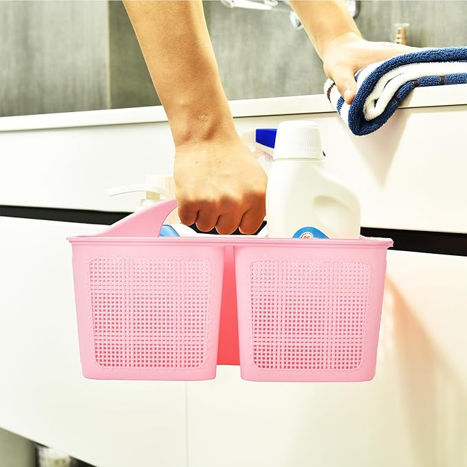 Plastic Pink Shower Caddy Basket, Divided Cleaning Portable Shower Basket with Handle Compartments Storage Organizer for Bathroom, College, Kitchen, Dorm Room Essentials