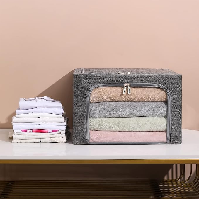 3Pack Foldable Storage Bins - Frame Storage Box Linen Fabric Stackable Clothes Container Organizer with Clear Window & Carry Handles Large Capacity (Large-66L, Dark Gray)-NeatNest
