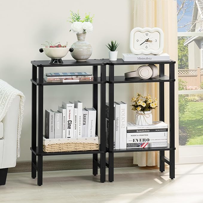 28in Tall Side Table Set of 2, 3-Tier Small Narrow End Table for Couch, Skinny Nightstand for Small Space, Farmhouse Slim Night Stand with Storage, Wooden Frame Thin Bedside Table, Black