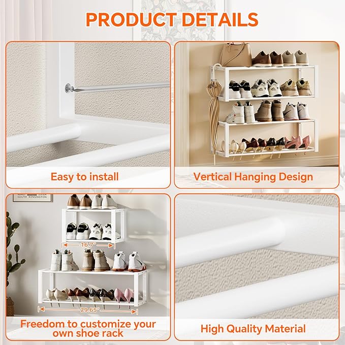 Homeiju Hanging Shoe Organizer,2 Pack Wall Mounted Shoe Rack Holds 12 Pairs,Space Saving Metal Wall Shoe Rack,Hanging Shoe Rack Shoe Holder for Small Space,Entryway,Closet,RV,Camper (White-NeatNest