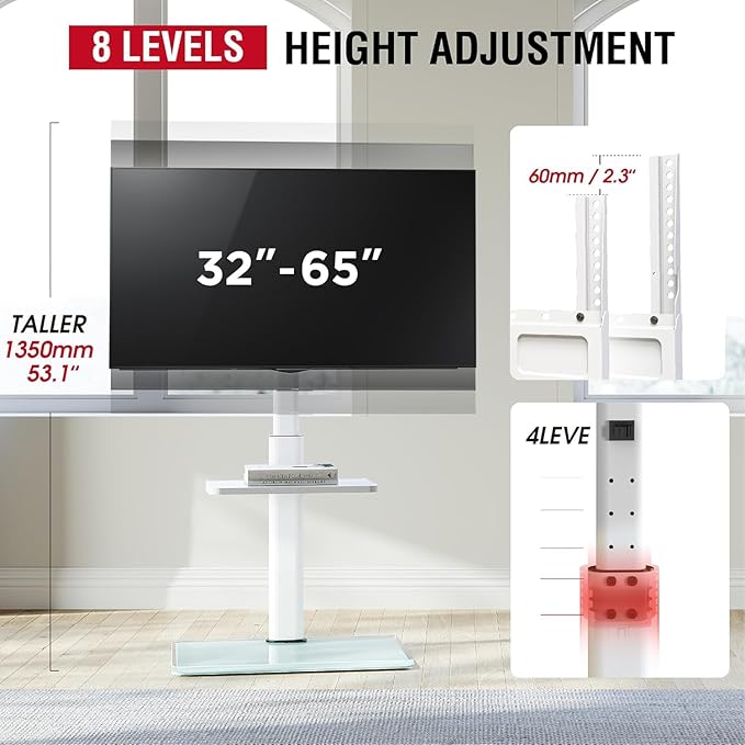 Floor TV Stand for 32-65" TVs, 60 Degree Swivel TV Base Stand with Tilting, 8 Level Height Adjustable Tall TV Mount Stand for Living Room/Bedroom, Holds up to 88 lbs, MAX VESA 400x400mm