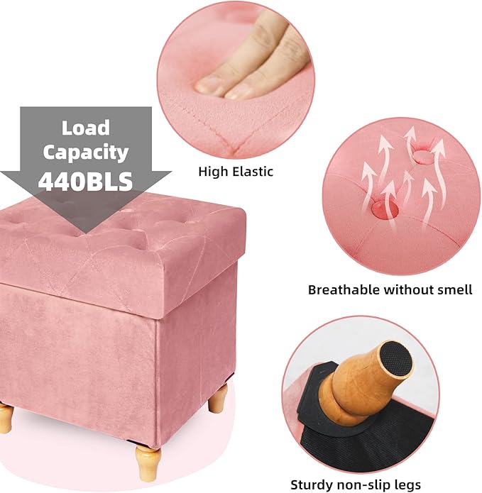 CAROLMADE Folding Storage Ottoman Cube Velvet Footstool with Wood Legs Ottoman Footrest for Living Room and Bedroom Pink, Grey 15"x12.6"x15.4"-NeatNest
