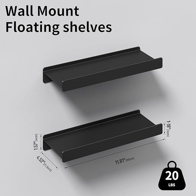 Floating Shelves for Wall, Wall Mounted Shelves with Lip for Storage, Metal Display Shelves for Home Decor, Kitchen/Living Room/Bedroom/Bathroom Shelf, Black 12 inch 2 Pack-NeatNest