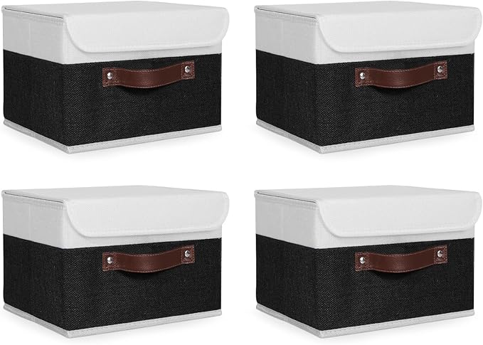 ANMINY 4PCS Storage Boxes with Lid Washable Decorative Storage Bins Basket with PU Leather Handle Foldable Linen Fabric Storage Cubes Containers for Home Closet Organizer - Black White, Small Size-NeatNest