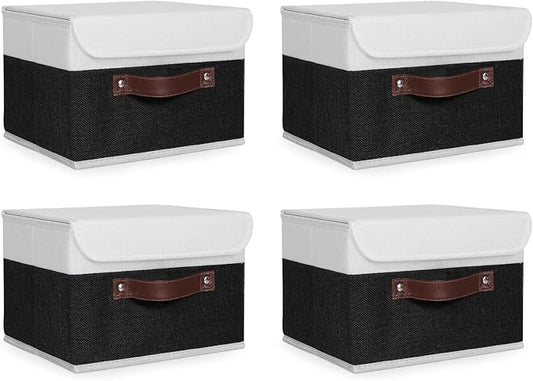 ANMINY 4PCS Storage Boxes with Lid Washable Decorative Storage Bins Basket with PU Leather Handle Foldable Linen Fabric Storage Cubes Containers for Home Closet Organizer - Black White, Small Size-NeatNest