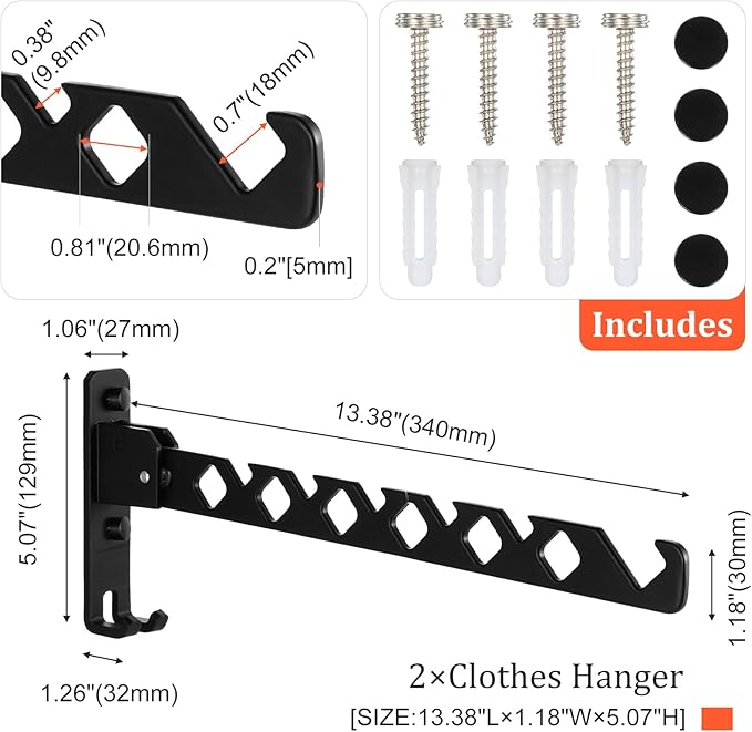 2 Pack Wall Mount Coat Hanger Holder Black Clothes Drying Organizer Rack Garment Hooks Aluminium Retractable Folding Indoor Wall Mounted Hanger Space Saver for Laundry Room Bedroom Black-NeatNest