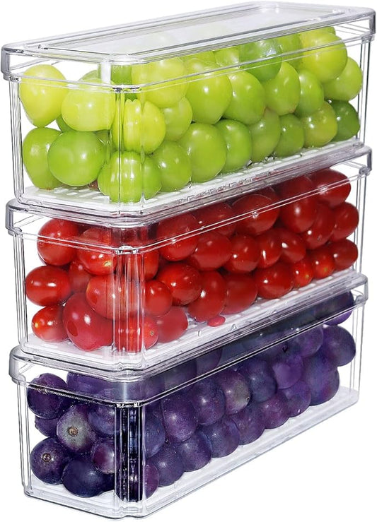 YINGRACE 3 Pack Fridge Organizer Bins, Stackable Refrigerator Organizers and Storage, BPA-Free Clear Produce Containers For Fruit, Vegetable, Drinks, Snacks