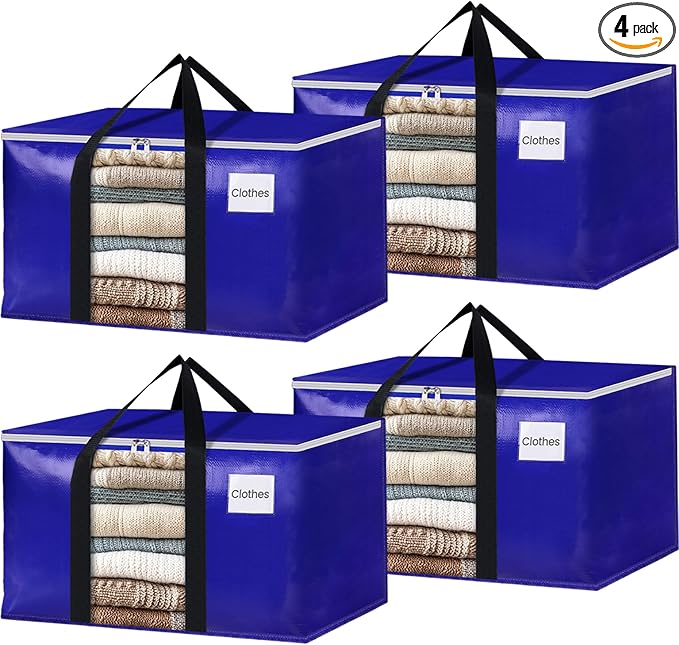 BlissTotes 4 Pack Moving Bags with Clear Window, Storage Bags with Strong Carrying Handles & Zippers,Large Packing Bags for Saving Space, Alternative to Moving Boxes(Blue,24 Gallon)-NeatNest