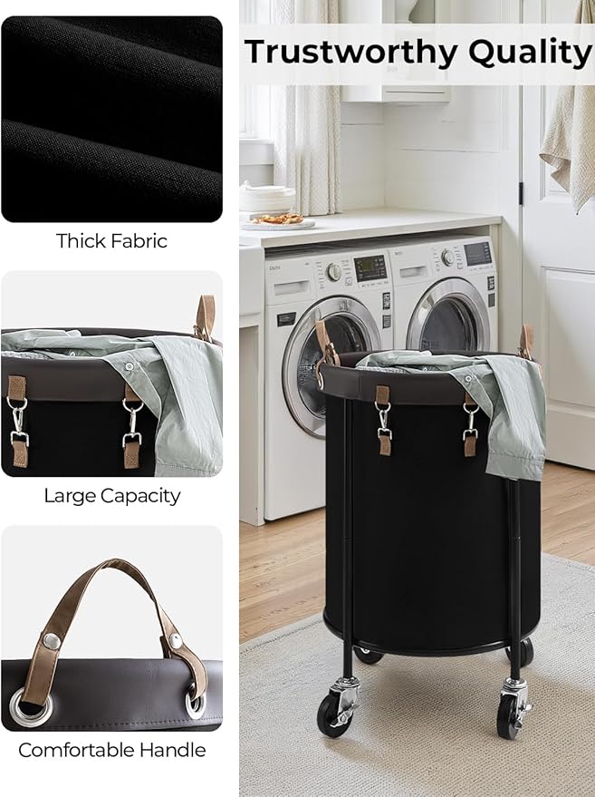 StorageWorks 110L Rolling Laundry Basket, Clothes Hamper with Wheels, Round Clothing Cart with Steel Frame and Removable Bag, 4 Casters and 2 Brakes, Black, 1-Pack