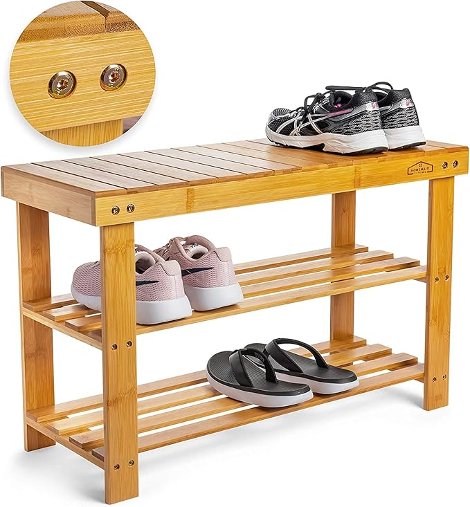 Homemaid Living Bamboo 3 Tier Shoe Rack Small Bench, Outdoor Shoe Rack Weatherproof - Shoe Rack with Bench, Bathroom Bench, Shoe Organizer for Entryway, Hallway, Living Room (Natural Bamboo)-NeatNest