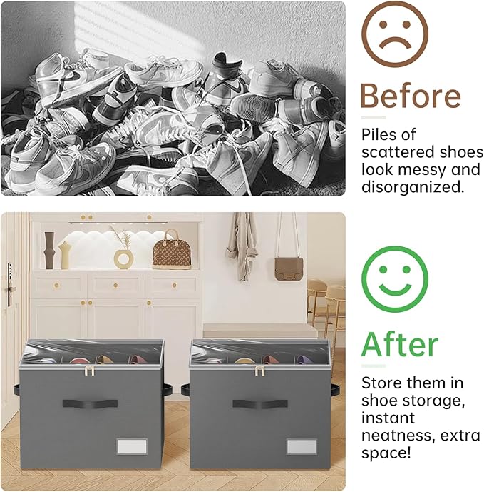 3 Pack Shoe Organizer for Closet, Foldable Shoe Storage Containers, Fits up to 24-48 Pairs, Shoe Storage Organizer Box Cubby Baskets Bins with Clear Cover and Reinforced Handles, Gray-NeatNest