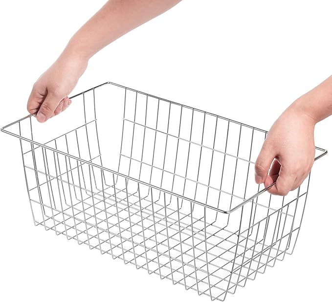 Slideep Wire Baskets Farmhouse Freezer Organizer Storage Bin Basket with Handles, Food Storage for Kitchen Cabinets, Pantry, Closet, Bedroom, Bathroom, Office 3 Pack