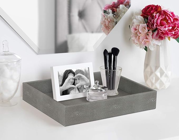 HofferRuffer Decorative Desktop Organizer Tray, Bathroom Vanity Tray, Storage Jewelry Perfume Dresser Tray, Catchall Tray for Change Coin Key, 10.2 x 8.4 x 1.8 inches (Dark Grey Faux Leather Shagreen)-NeatNest