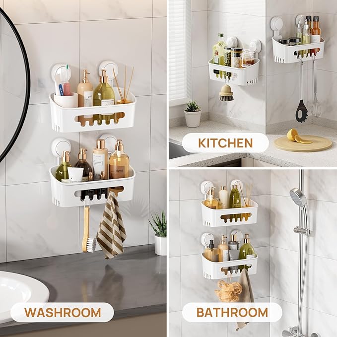 LEVERLOC Shower Caddy Suction Cup 2 Pack, Shower Organizer Removable Bathroom Shelf, Storage Suction Powerful Max Hold 22lbs Bathroom Caddy Waterproof Holder, White-NeatNest