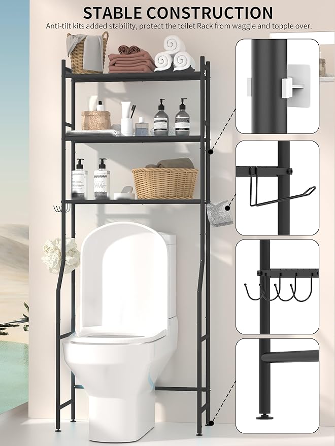 3-Tier Over The Toilet Storage, Space Saver Metal Bathroom Shelves, Freestanding Above Over Toilet Storage Shelf with 4 Hooks for Bathroom, Black-NeatNest