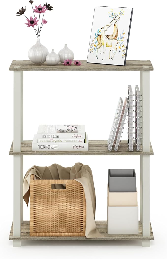 Furinno Turn-S-Tube 3-Tier Compact Multipurpose Shelf Display Rack with Square Tube, Sonoma Oak/White-NeatNest