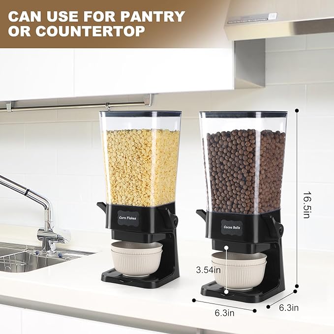 Cereal Dispenser Countertop with Cereal Bowls,16 Labels & Pen, Cereal Containers Storage, Candy Dispenser, Dry Food Dispenser For Pantry - Not Easy to Crush Food (Black, 2 Pack)-NeatNest