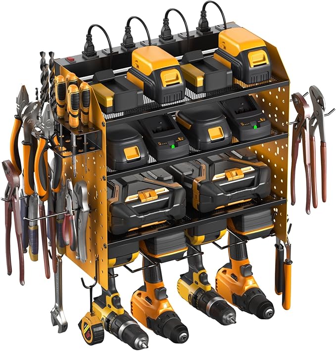 CCCEI Modular Pegboard Rack Power Tool Organizer with Charging Station. 4 Layer Wall Mount Drill Holder, Yellow Tool Battery Charger Organizer. Garage Shop Storage Utility Shelf with Power Strip.-NeatNest