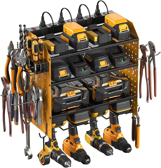 CCCEI Modular Pegboard Rack Power Tool Organizer with Charging Station. 4 Layer Wall Mount Drill Holder, Yellow Tool Battery Charger Organizer. Garage Shop Storage Utility Shelf with Power Strip.-NeatNest