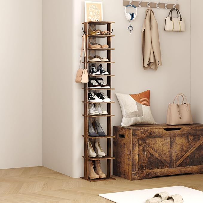 HOMEFORT 10-Tier Vertical Shoe Rack, Corner Shoe Tower, Slim Shoe Organizer with Two Hanging Hooks, Wooden Shoe Storage Stand for Entryway, Hallway, Closet, Rustic Brown-NeatNest