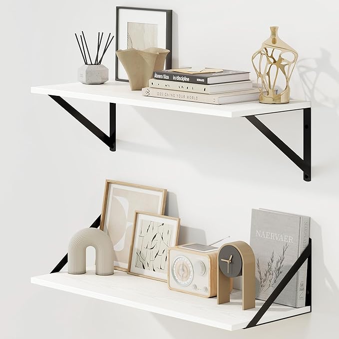 Fun Memories Deep Floating Shelves for Wall, 24W x 8D Wall Mounted Shelves Set of 2, Wide Display Ledge Shelf with Sturdy Metal Brackets for Living Room, Bathroom, Bedroom and Kitchen, White-NeatNest