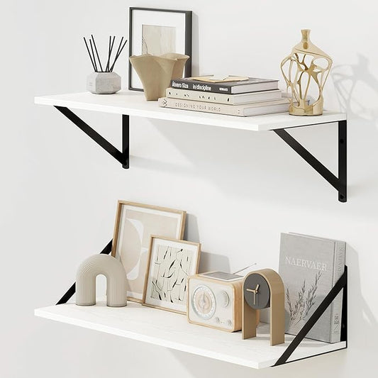 Fun Memories Deep Floating Shelves for Wall, 24W x 8D Wall Mounted Shelves Set of 2, Wide Display Ledge Shelf with Sturdy Metal Brackets for Living Room, Bathroom, Bedroom and Kitchen, White-NeatNest