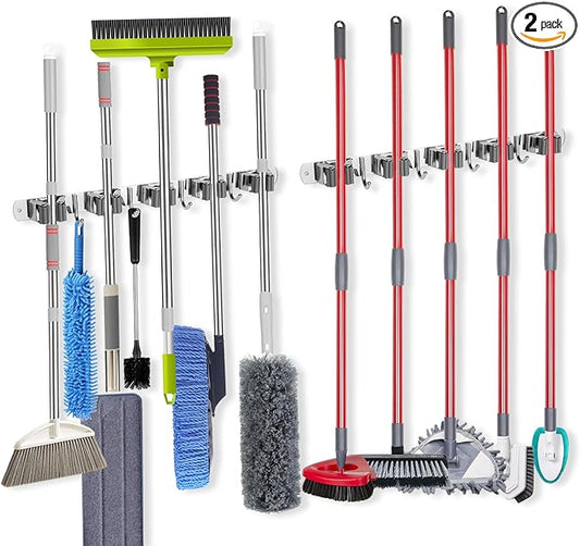 voze [2 Pack] 5 Racks and 4 Hooks Mop and Broom Holder Wall Mount, Self Adhesive Heavy Duty Broom Organizer Storage Tool Racks for Kitchen Garden Laundry Garage, Silver-NeatNest
