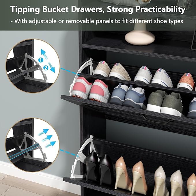 Shoe Cabinet, Freestanding Tipping Bucket Shoe Storage Cabinet with 2 Flip Drawers, Entryway Shoe Rack with Storage Top Cubby, Narrow Slim Hidden Shoe Organizer with Doors (Black)-NeatNest