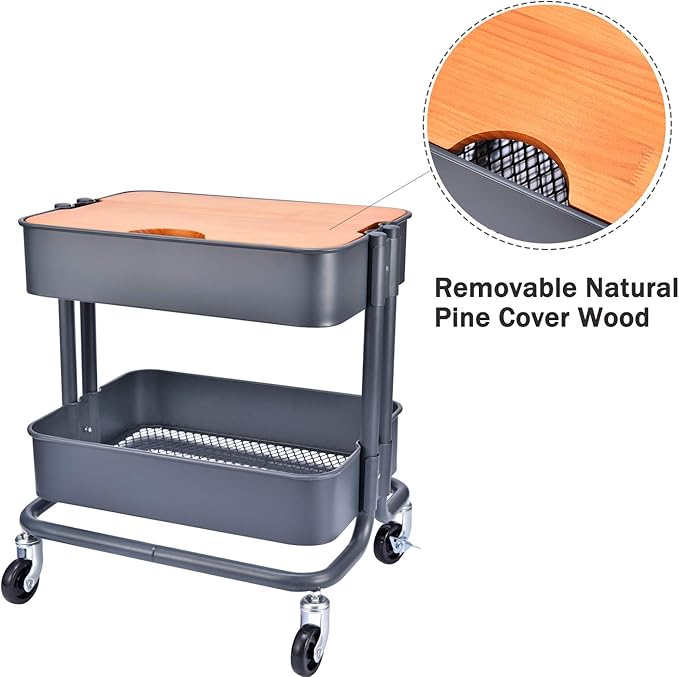 2-Tier Metal Utility Rolling Cart Storage Side End Table with Cover Board for Office Home Kitchen Organization, Dark Gray
