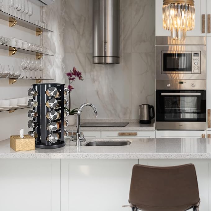 Black Countertop Revolving Spice Rack, Empty 20-Jars Rotating Spice Rack Organizer, Round Carousel Tower, 135 Spice Labels with Funnel Complete Set, for Kitchen Countertop, Cabinet-NeatNest