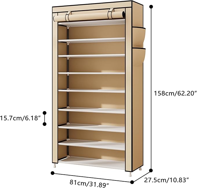 Laiensia 9-Tier Shoe Rack ，Space Saving Shoe Storage Organizer Non-Woven Cover Shoe Shelf Holds 36-45 Pairs for Bedroom, Hallway, Entryway, Beige-NeatNest