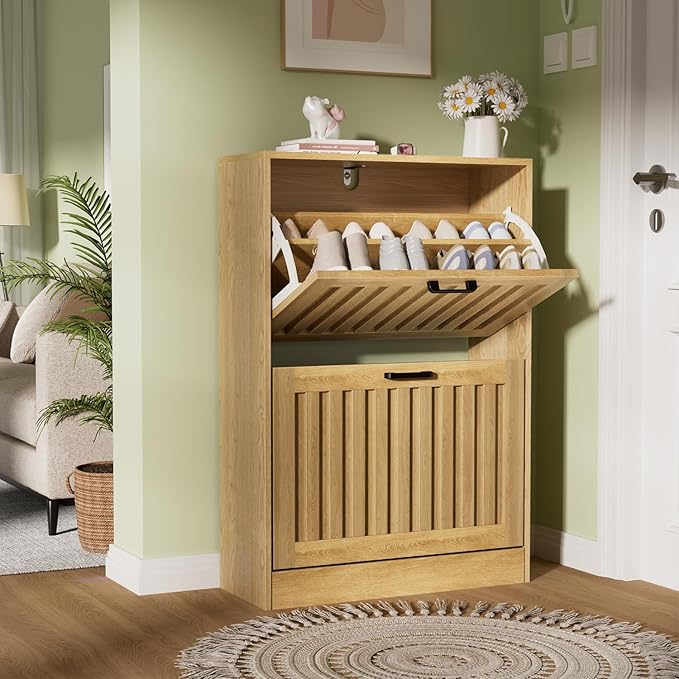 Shoe Storage Cabinet for Entryway with 2 Flip Drawers, Wooden Shoe Organizer with Adjustable Shelf, Freestanding Wood Fluted Panel Shoes Cabinet Closed Shoe Rack for Hallway, Foyer, Nature Oak-NeatNest