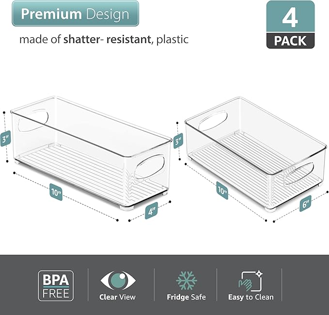 Sorbus Stackable Refrigerator Organizer Bins - Set of 4 Clear Storage Bins for Kitchen Pantry, Freezer & Fridge Organization - Food Organizing Plastic Containers with Handles for Countertops & Drawers-NeatNest