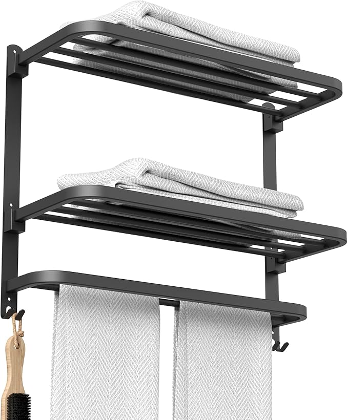 22.8Inch Towel Rack for Bathroom and Lavatory Towel Hanger with Wall Mount Towel Bars 304 Stainless Steel No Drill (Collapsible Black Towel Rack)