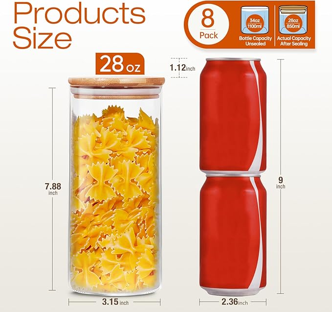 Glass Jars with Bamboo Lids 28 floz [Set of 8], Glass Canisters with Airtight Lids, Glass Food Storage Containers for Pasta, Oats, Coffee, Flour, Sugar, Rice, Best for Kitchen & Pantry-NeatNest