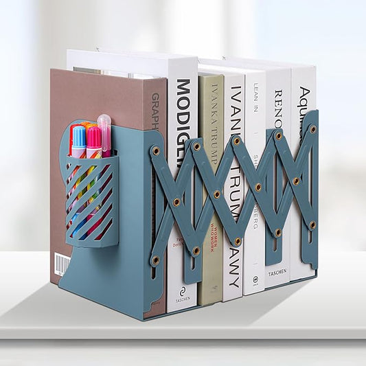 Honagu Adjustable Bookends, Metal Book Ends for Shelves Heavy Book, Desk Magazine File Organizer for Home, Office, Books, Papers, Extends up to 19 inches with Pen Holder (Blue)