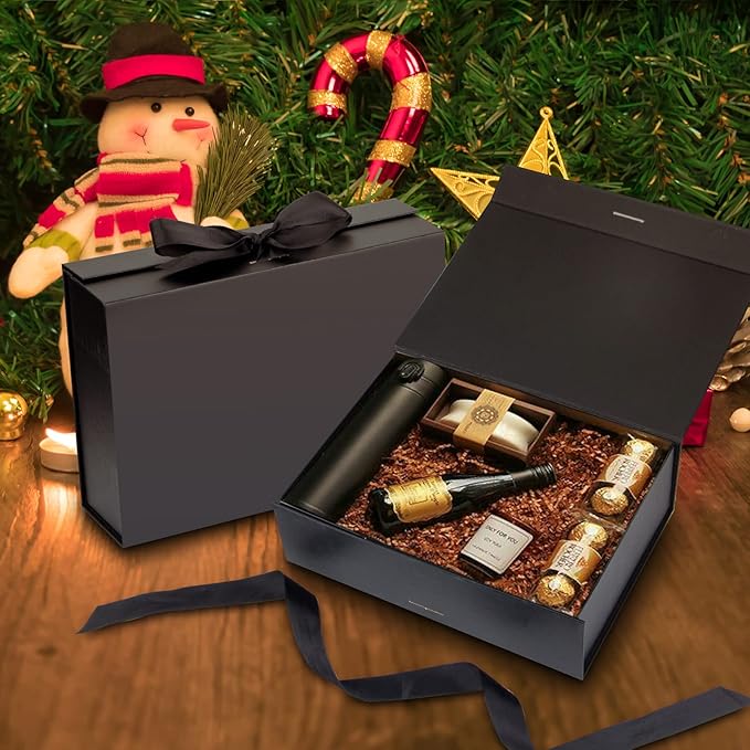 Gift Box with Lid for Presents 10.5x7.5x3.1 Inches with Ribbon and Magnetic Closure(1-Pack) (Black)-NeatNest