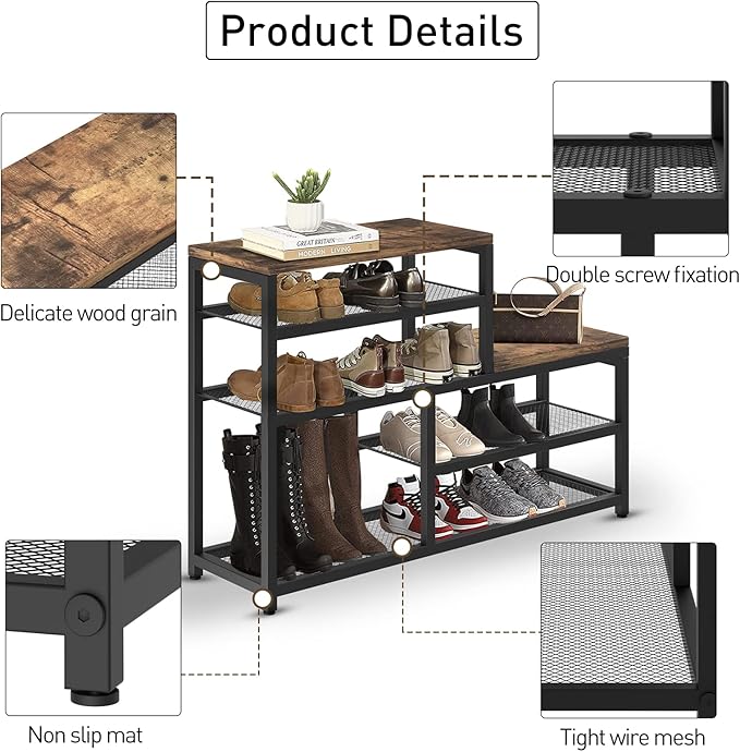 Shoe Rack Bench Shoe Storage Organizer with Seat, 5-Tier Industrial Free Standing Shoe Rack for Entryway, Narrow Shoe Rack Organizer Shelves for High Heels, Entryways, Hallways, Closets,Brown-NeatNest