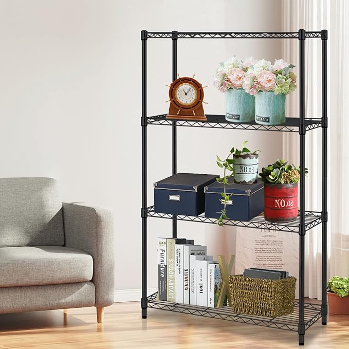 4 Tier Wire Shelving Unit Storage Shelves Shelf Organizer 54"x36"x14" Heavy Duty Metal Storage Rack Wire Rack NSF Height Adjustable for Laundry Bathroom Kitchen Garage Shelving (Black)