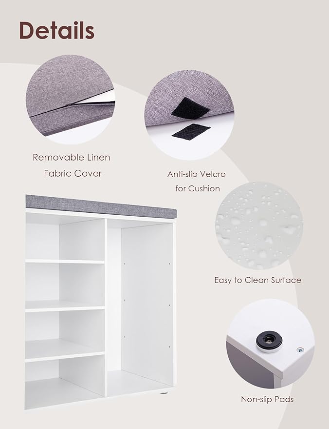 DINZI LVJ Shoe Storage Bench with Cushion, 16-Cubby Shoe Rack, Adjustable Shelves, Multifunctional Shoe Organizer Bench for Entryway, Mudroom, Hallway, Living Room, Bedroom and Garage, White-NeatNest