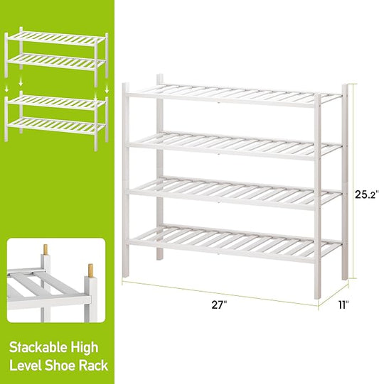 BMOSU 4-Tier Bamboo Shoe Rack Premium Stackable Shoe Shelf Storage Organizer for Hallway Closet Living Room Entryway Organizer(White Bamboo)-NeatNest