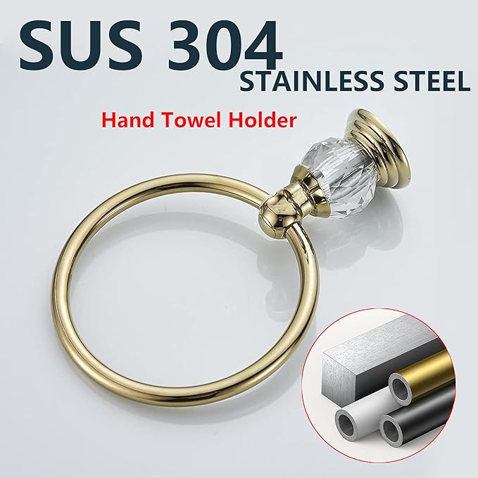 Gold Towel Ring - SUS304 Stainless Steel Wall Mounted Hand Towel Holder for Bathroom - Kitchen & Bathroom Towel Rack - Crystal Towel Hanger - Round Hand Towel Rack