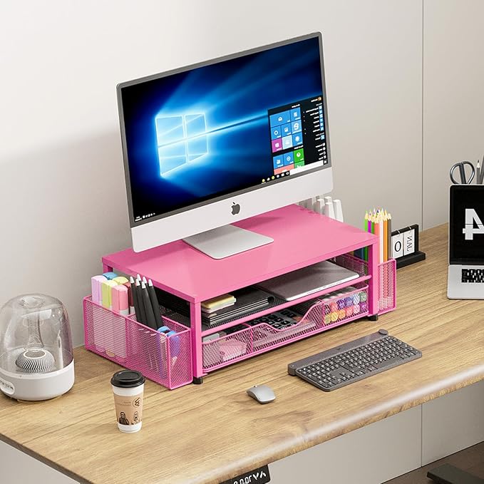 Desk Organizers and Accessories, 2-Tier Computer Monitor Stand Riser with Drawer and 2 Pen Holders, Laptop Stand, Office Desk Accessories for Office Supplies, Carmine Rose