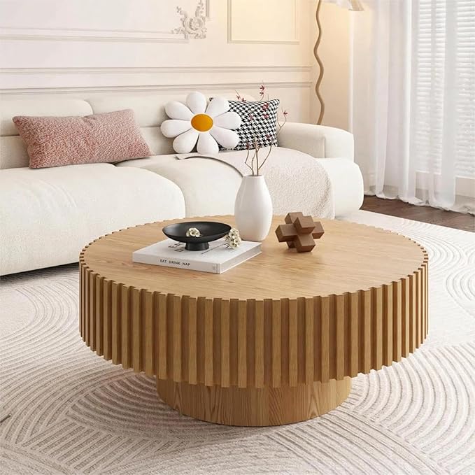 KEVINSPACE Round Coffee Table Wood, Drum Coffee Tables for Living Room Mid Century Modern CoffeeTable Fluted CircleCoffeeTable Accent Small Center Table Easy Assembly Light Wood Oak