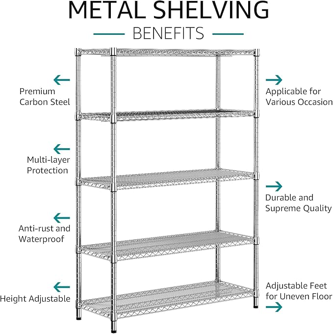 IZEUK 4250 LBS Garage Shelving Wide Storage Shelves 5 Tier Metal Shelves Heavy Duty Adjustable Utility Shelf Rack Chrome 17.7" D x 47.2" W x 70.4" H-NeatNest