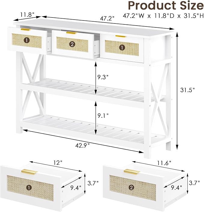 Console Table with 3 Rattan Drawers, Wooden Entryway Table with 3-Tier Storage Shelves, Display Shelf for Entryway, Hallway, Foyer and Living Room, White-NeatNest