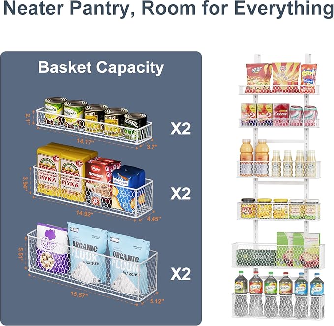 6-Tier Over The Door Pantry Organizer,Hanging Spice Rack with Adjustable Basket,Over Door Racks,Pantry Organization And Storage, Laundry Room,Bathroom,Large Capacity,D5.3xW15.7xH60.9in