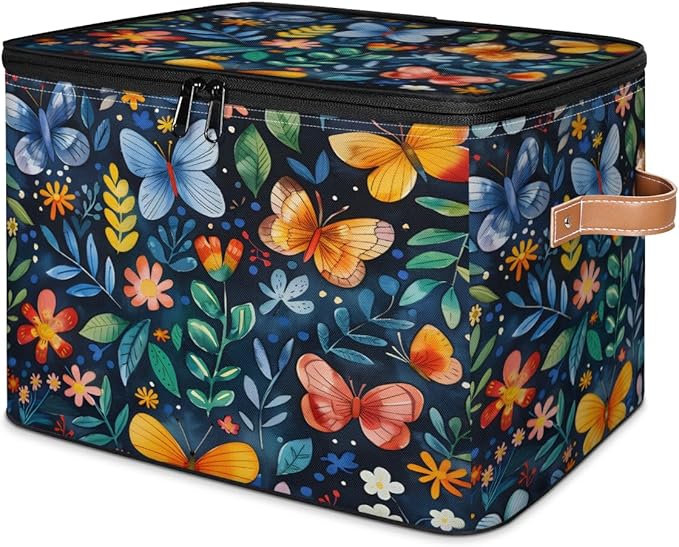 Colorful Butterfly Storage Bins with Zipper Lid, Spring Floral Lidded Storage Baskets Boxes Foldable Organizer with Leather Handles for Clothes Closet Shelf Toys-NeatNest