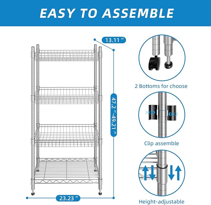 4 Tier Wire Shelving Wire Basket Shelf Storage Cart Adjustable Metal Shelf 2 Bottoms for Choose(Castor or Leveling Feet) for Office,Kitchen,Bedroom,Silver(23.23" L x 13.11" W x 49.21" H)